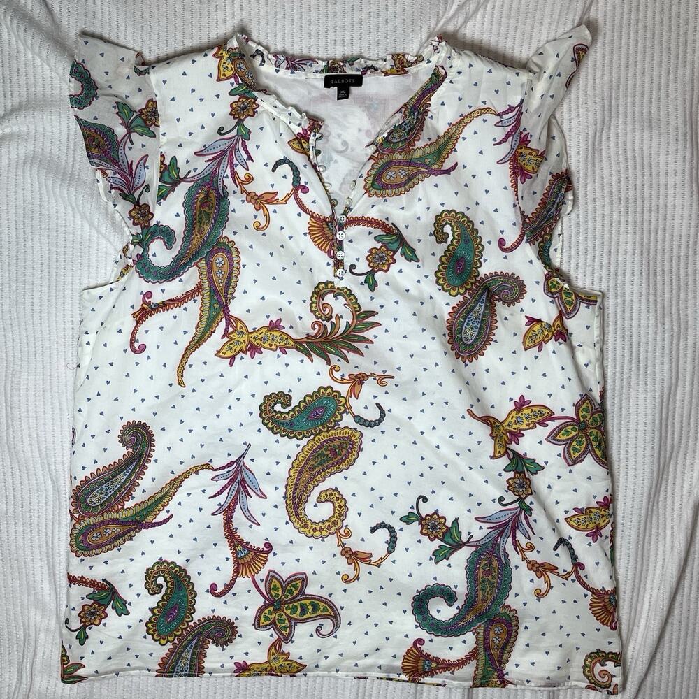 Talbots Off White Paisley Hearts Ruffle Sleeve Blouse Sz XL EUC
